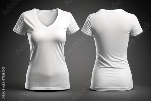 Blank V-neck tshirt for women template, white color shirt, black dark background photo