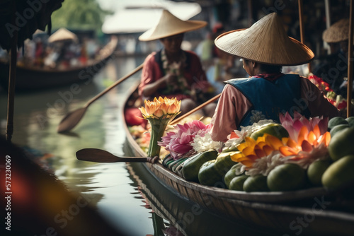 Traditional Thai floating market with vendors selling fresh produce and cooked food, surrounded by beautiful lotus flowers,.