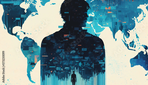 A collage of charts and graphs with a human silhouette standing in the foreground. Big data and analytics in business concept and Data Visualization. Digital Art Illustration.