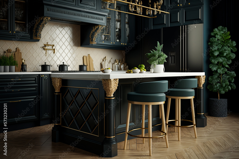 Stylish cozy kitchen island in luxury house. Idea for interior design. AI