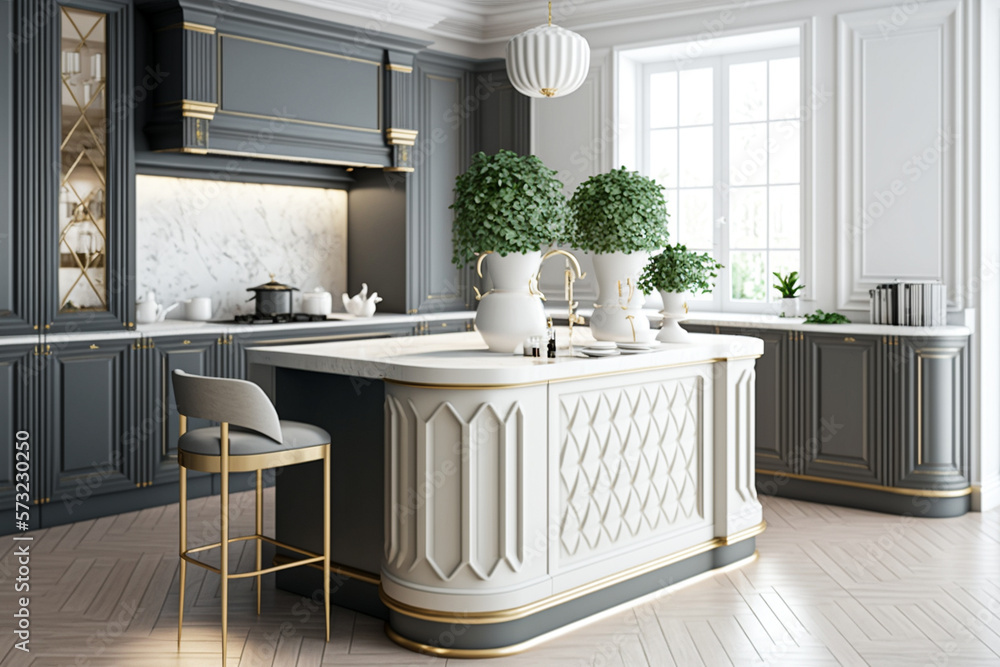 Stylish cozy kitchen island in luxury house. Idea for interior design ...