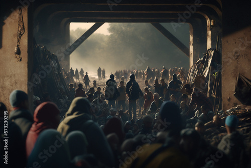 Refugees hiding under bridge during war in Ukraine, illustration concept photo