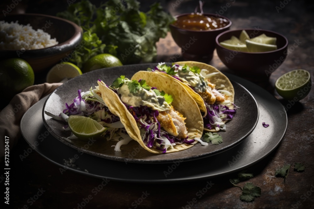 A plate of fish tacos with cabbage and cilantro-lime dressing A plate of fish tacos with cabbage and cilantro-lime dressing