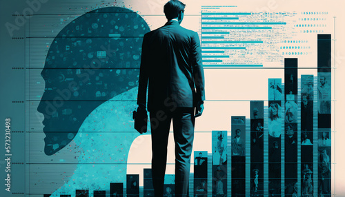 A collage of charts and graphs with a human silhouette standing in the foreground. Big data and analytics in business concept and Data Visualization. Digital Art Illustration.
