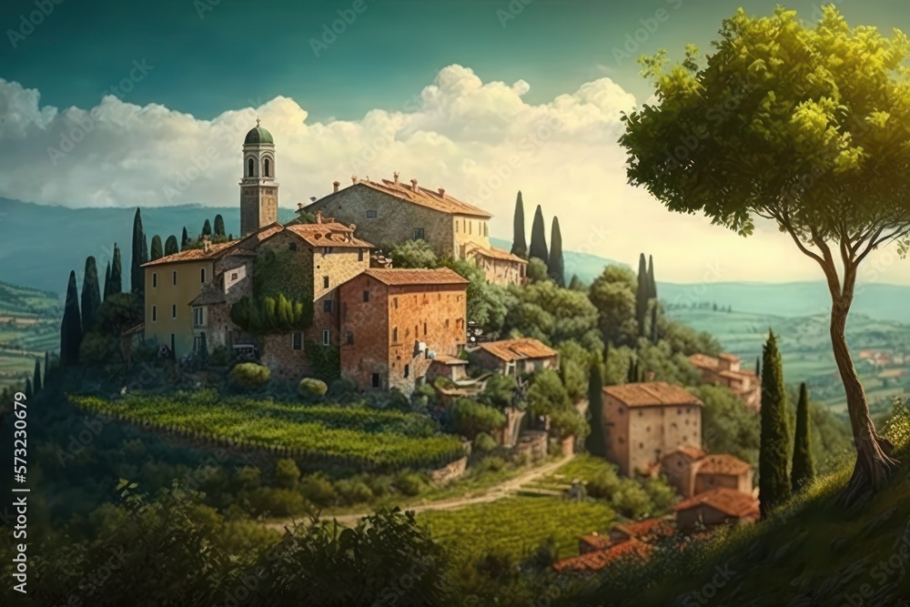 Tuscany landscape. Italian Village as Digital Illustration (Generative AI)