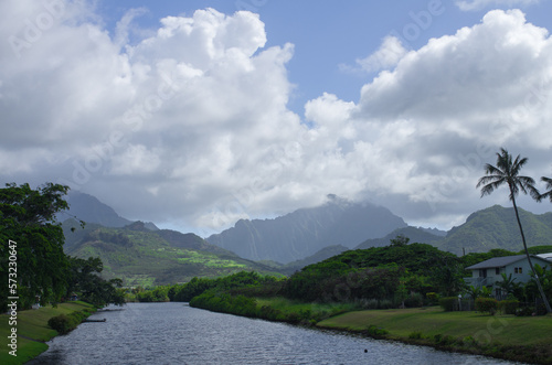 landscape of the river and mountains with clouds