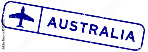 Grunge blue australia word with plane icon square rubber seal stamp on white background
