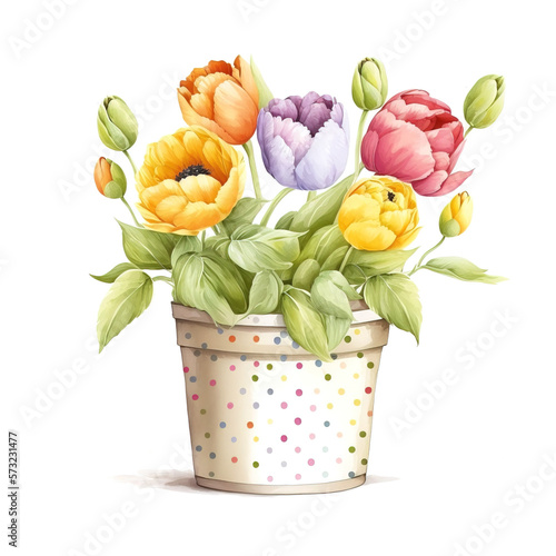  Watercolor bouquet in flower basket . Botanical illustration. Generative ai
