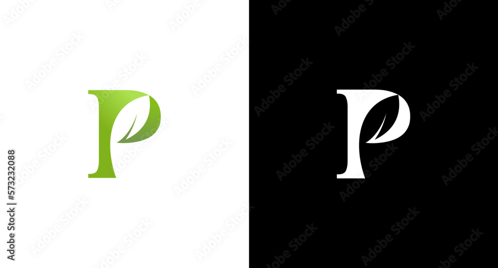 Letter p and green leaf logo vector herbal monogram black and white icon style Design template Letter p and green leaf logo vector herbal monogram black and white icon style Design template