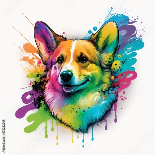 drawing dog corgi splatter paint watercolor Generative AI photo