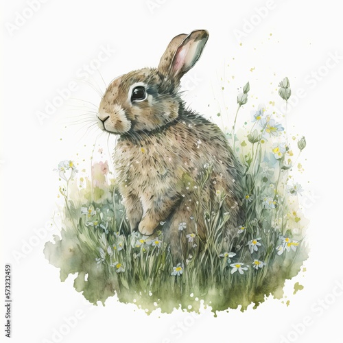 Canvastavla rabbit in the clearing hare watercolor paint Generative AI