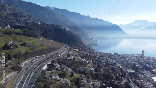 Magnificent panorama from the highway above Montreux, Switzerland. 