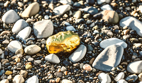 Gold nugget in river pebbles. Ai generated, PS overaltered photo