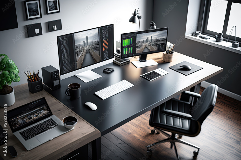 computers on the desk in office, Generative AI computers on the desk in office, Generative AI