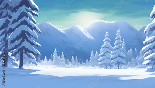 Snowy Mountains and Hills, with Pine and Fir Trees Scenery During The Day Detailed Hand Drawn Painting Illustration © Reytr
