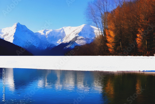 winter mountain lake landscape. Ai generated, PS overaltered photo