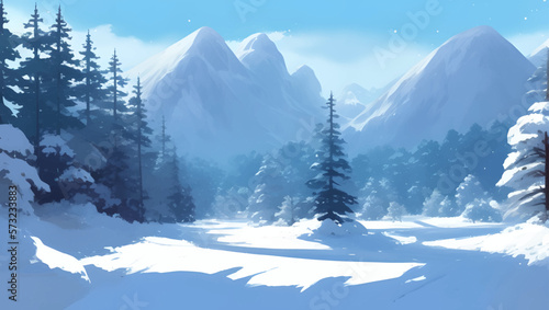 Snowy Mountains and Hills, with Pine and Fir Trees Scenery During The Day Detailed Hand Drawn Painting Illustration