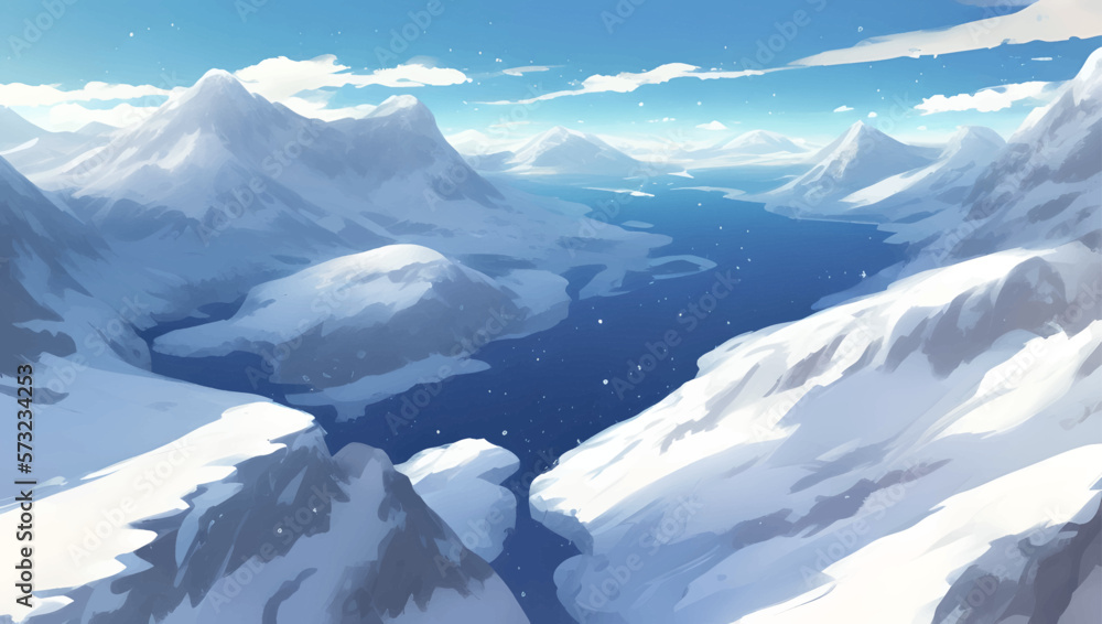 Snowy Mountains and Hills Panoramic Bird View Scenery During Day Detailed Hand Drawn Painting Illustration