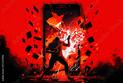 A man and a smarthone. Image that expresses the violence of technology and the addiction it causes. The dominant red color adds to the strength of the image.