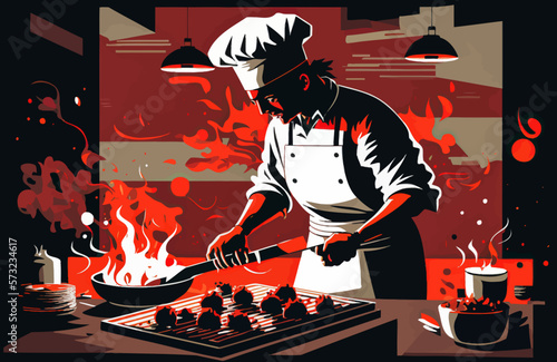 Dynamic illustration of a chef at work, showing his skills and culinary art. Dark and deep shades of red, black and silver.