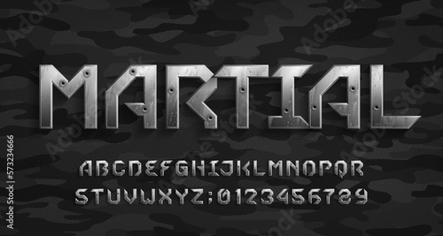 Martial alphabet font. Metal letters and numbers with bullet marks. Camo background. Stock vector typescript for your design.