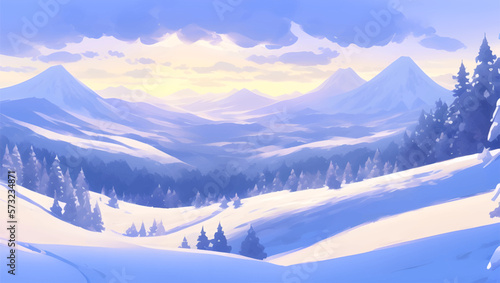 Snowy Mountains and Hills Panoramic Bird View Scenery During Dusk or Dawn Detailed Hand Drawn Painting Illustration