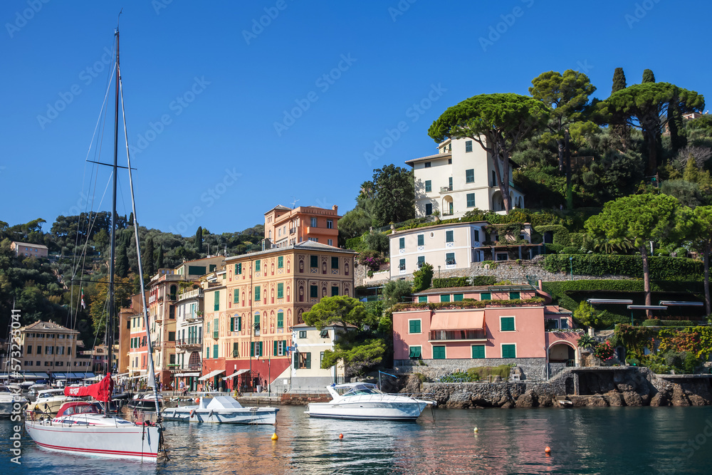 Boat filled harbor at the village of Portofino, Italy