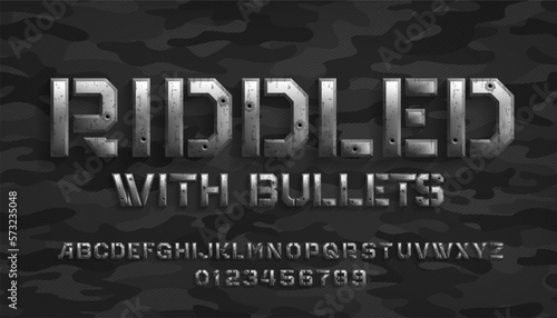 Riddled with bullets alphabet font. Metal letters and numbers with bullet marks. Camo background. Stock vector typeface for your design.
