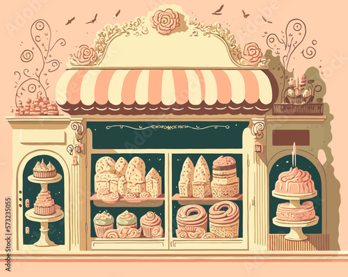 Vintange illustration of a bakery filled with appetizing products. Soft, pastel colors evoke nostalgia; ideal for promoting traditional products.