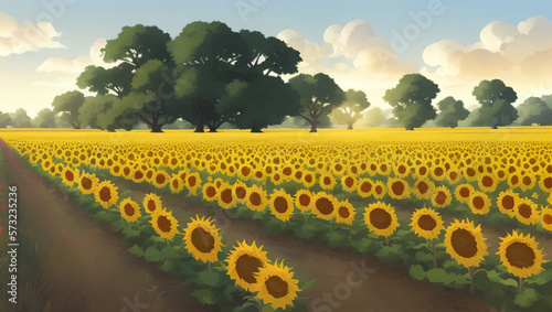Beautiful Sunflower Field Detailed Hand Drawn Painting Illustration
