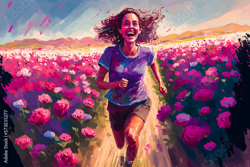 A person running through a field of flowers and filled with joy and freedom. Pastel colored flowers evoke a joyful and uplifting atmosphere.