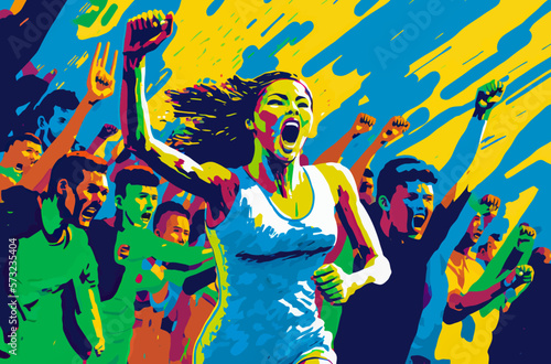 A person is running towards a finish line, cheered on by a cheering crowd. The scene is energetic and colorful, evoking excitement, determination, and victory.