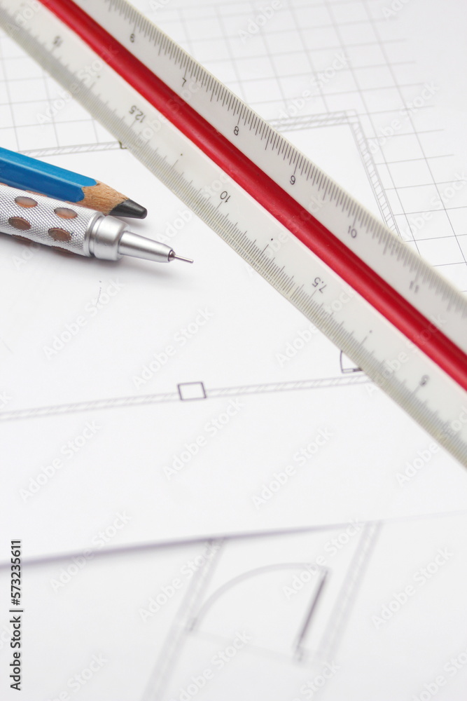 Pencils and ruler on a construction plan, close-up, architect, architecture,drawing architect. Pencils and ruler on a construction plan, close-up, architect, architecture,drawing architect.