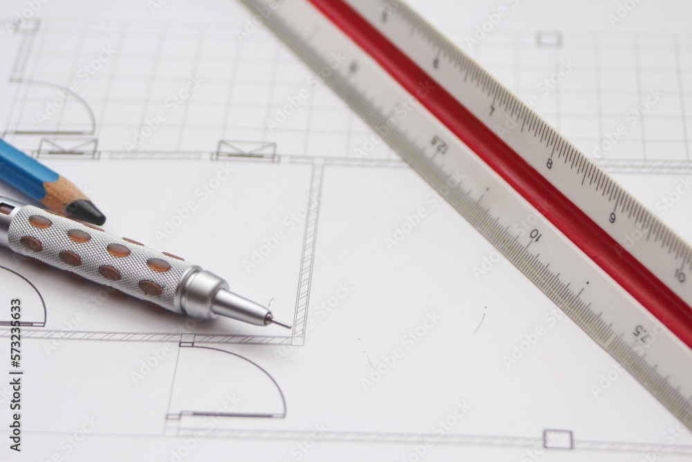 Pencils and ruler on a construction plan, close-up, architect, architecture,drawing architect. Pencils and ruler on a construction plan, close-up, architect, architecture,drawing architect.