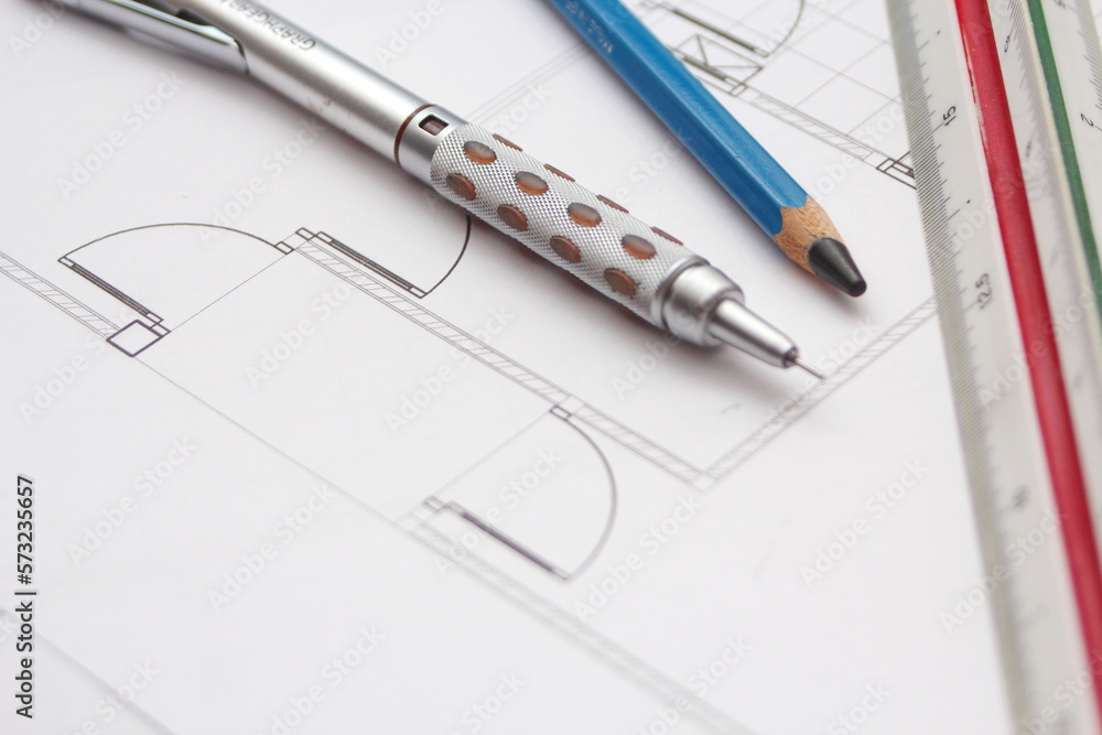 Pencils and ruler on a construction plan, close-up, architect, architecture,drawing architect. Pencils and ruler on a construction plan, close-up, architect, architecture,drawing architect.