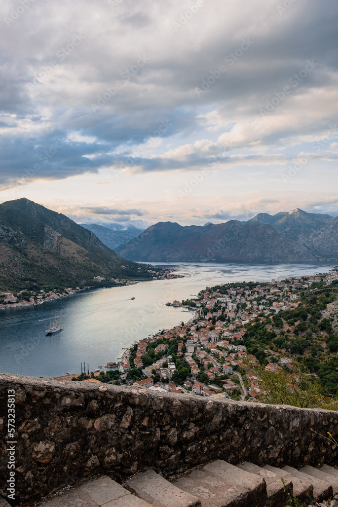 The hike to Kotor fortress, city walls, aerial view of Kotor bay, Montenegro