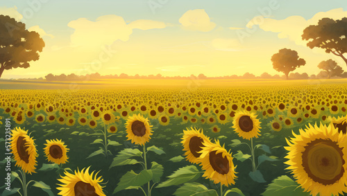 Beautiful Sunflower Field During Dusk or Dawn with Trees Detailed Hand Drawn Painting Illustration