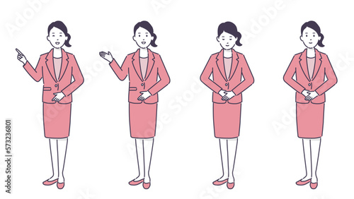ピンクのスーツを着た笑顔の女性のイラストセット、ベクター