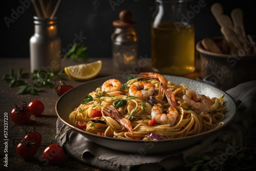 A pasta dish with shrimp, garlic and olive oil