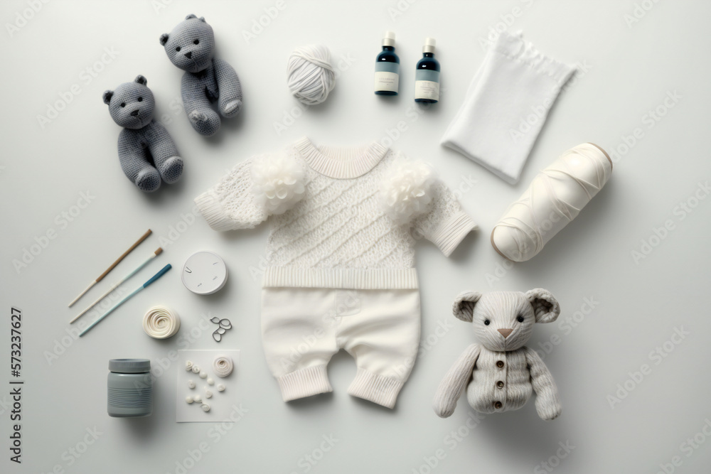 Newborn accessories on white background, ai generated Newborn accessories on white background, ai generated