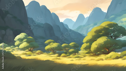 Hill and Mountains Nature Scenery During Dusk or Dawn Detailed Hand Drawn Painting Illustration