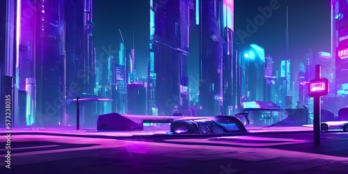 Neon mega city with light reflection from puddles on street heading toward buildings. Concept for night life, business district center (CBD)Cyber punk theme, tech background. Generative AI.