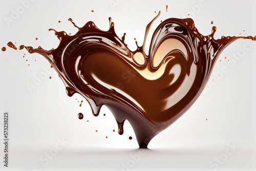 Splash of melted chocolate in the shape of a heart. Greeting mockup design element. White background, dark brown chocolate.