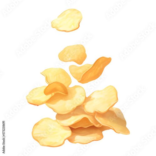 Falling Potato Chips Isolated Detailed Hand Drawn Painting Illustration