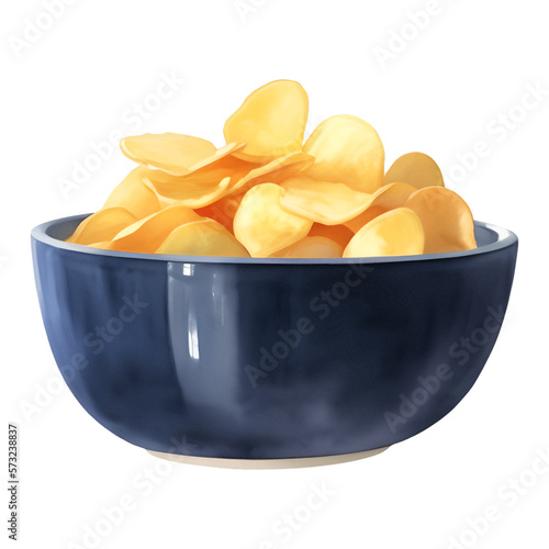 Potato Chips in a Black Bowl Detailed Hand Drawn Painting Illustration