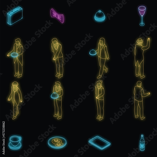 Butler icons set. Isometric set of butler vector icons neon color on black