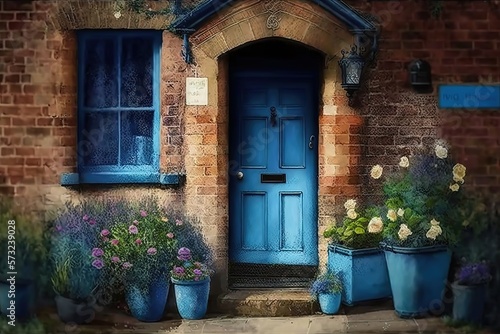 blue front door of house in large brick house with flowers in pots © Artistic