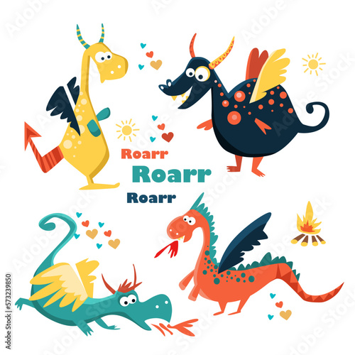 Set of funny dragon character. Dino character baby dinosaur for children © mohinimurti
