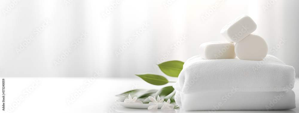 Soap, towel, flowers in bathroom, on blurred spa background. with copy space. digital ai art Soap, towel, flowers in bathroom, on blurred spa background. with copy space. digital ai art
