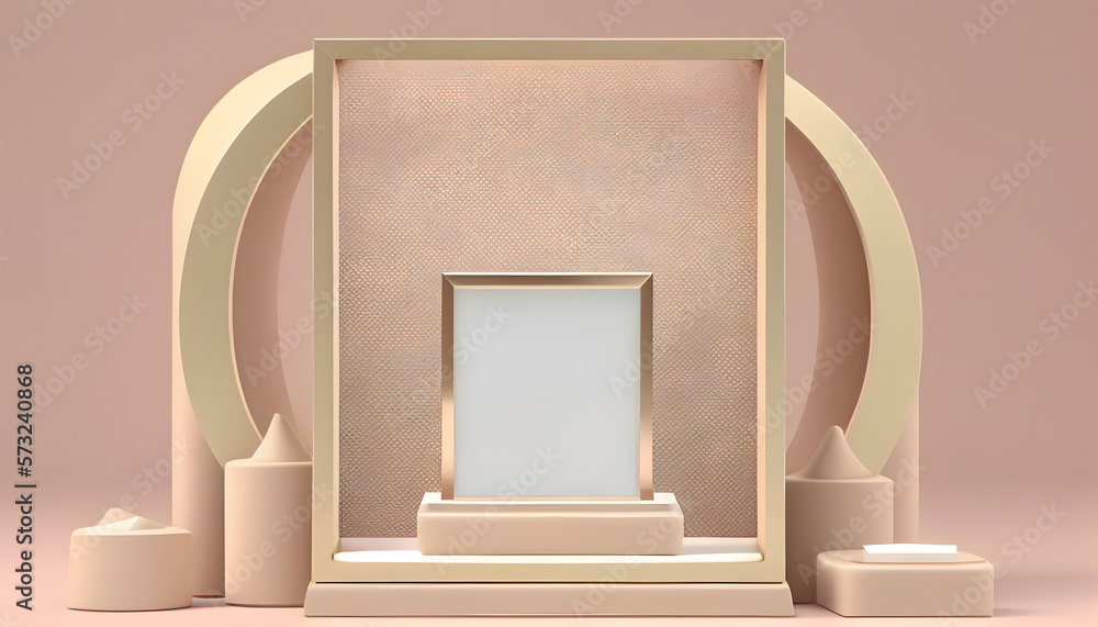 AI Generated, 3D podium with rectangle frame in beige color. AI Generated, 3D podium with rectangle frame in beige color.